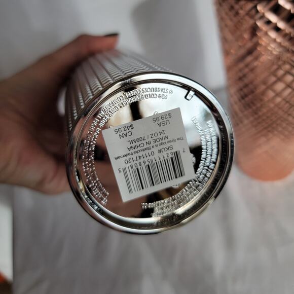 Starbucks Chrome Rose Gold Jeweled Metallic Silver Grid 2023 Holiday 24oz Venti - Picture 5 of 11